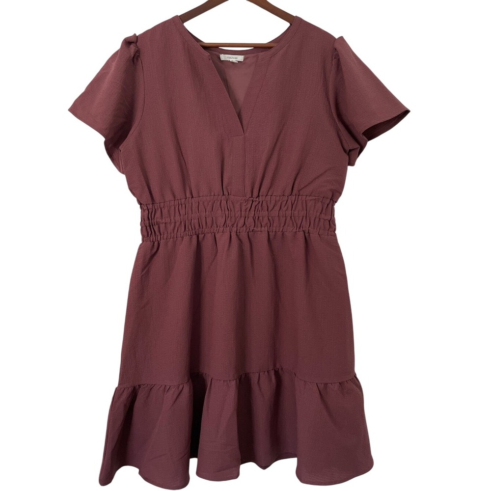 Maurices Womens Large Brown/Mauve Dress Smocked Waist Flutter Sleeve Ruffle Boho